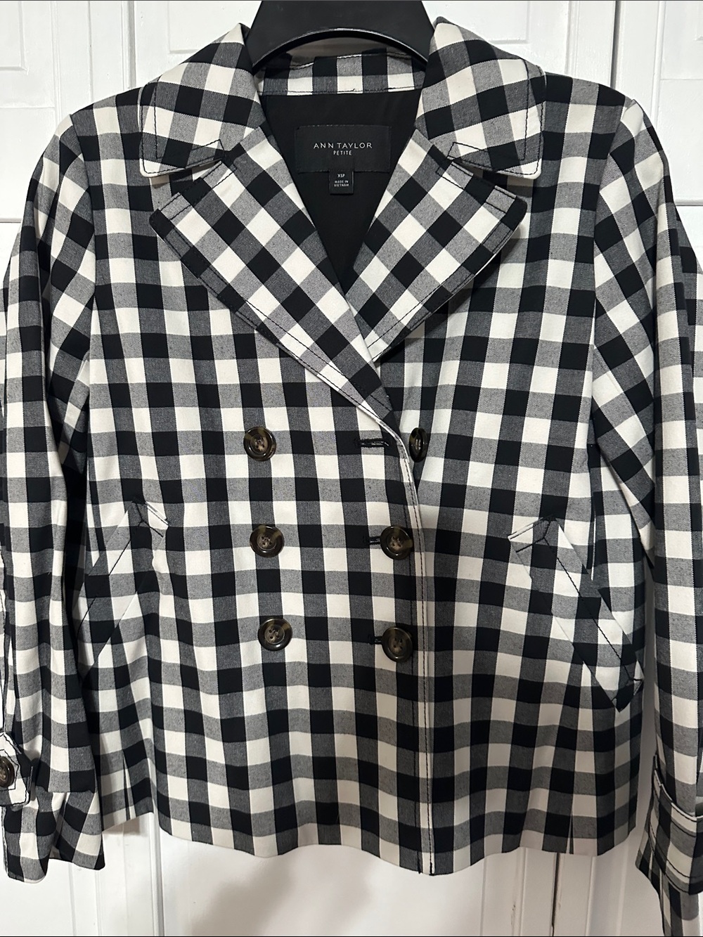 Ann Taylor Black & White Gingham Double-Breasted Blazer